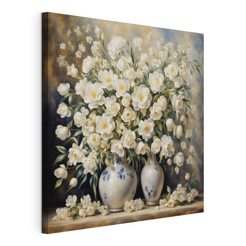 A painting of white flowers in vases A painting of white flowers in vases