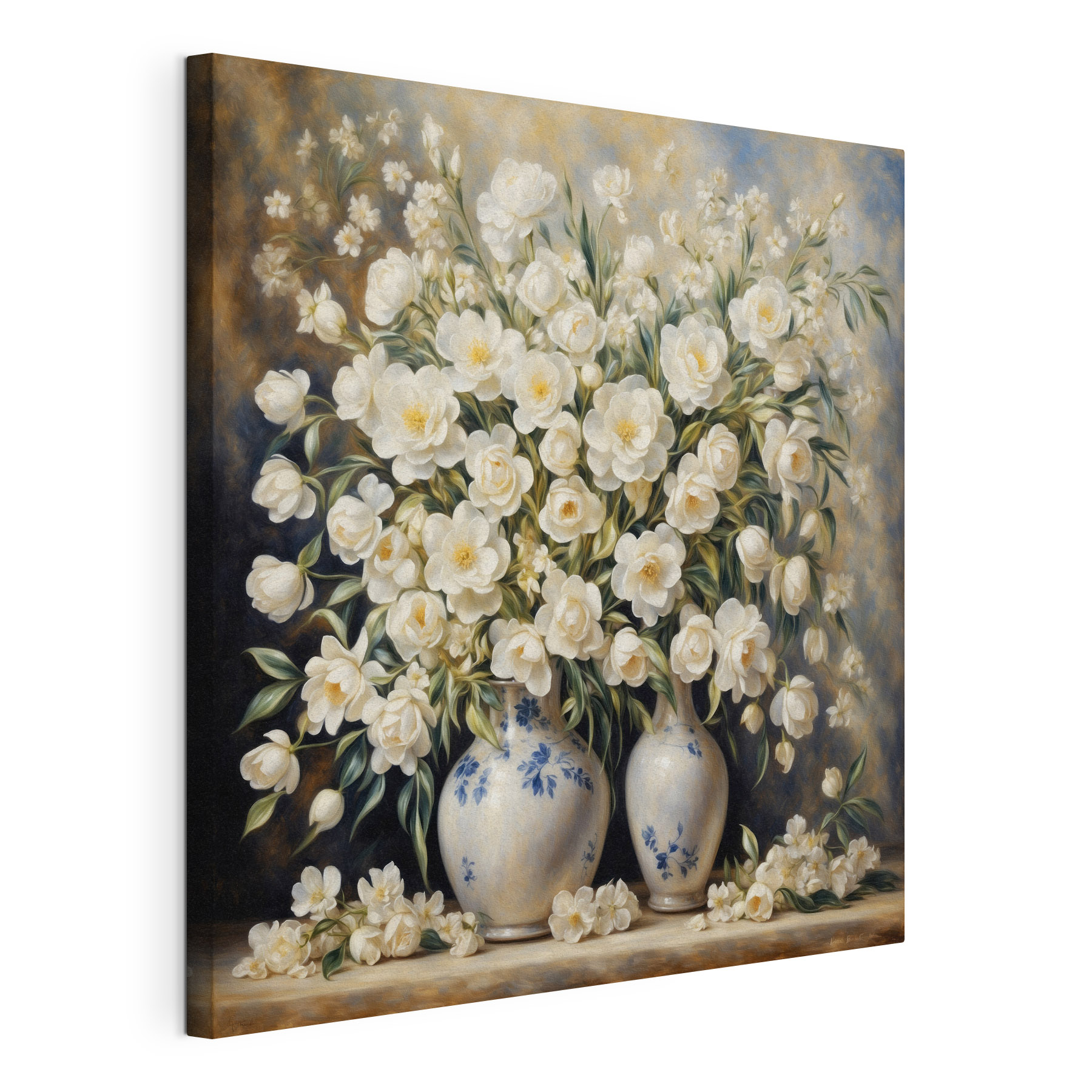 A painting of white flowers in vases A painting of white flowers in vases