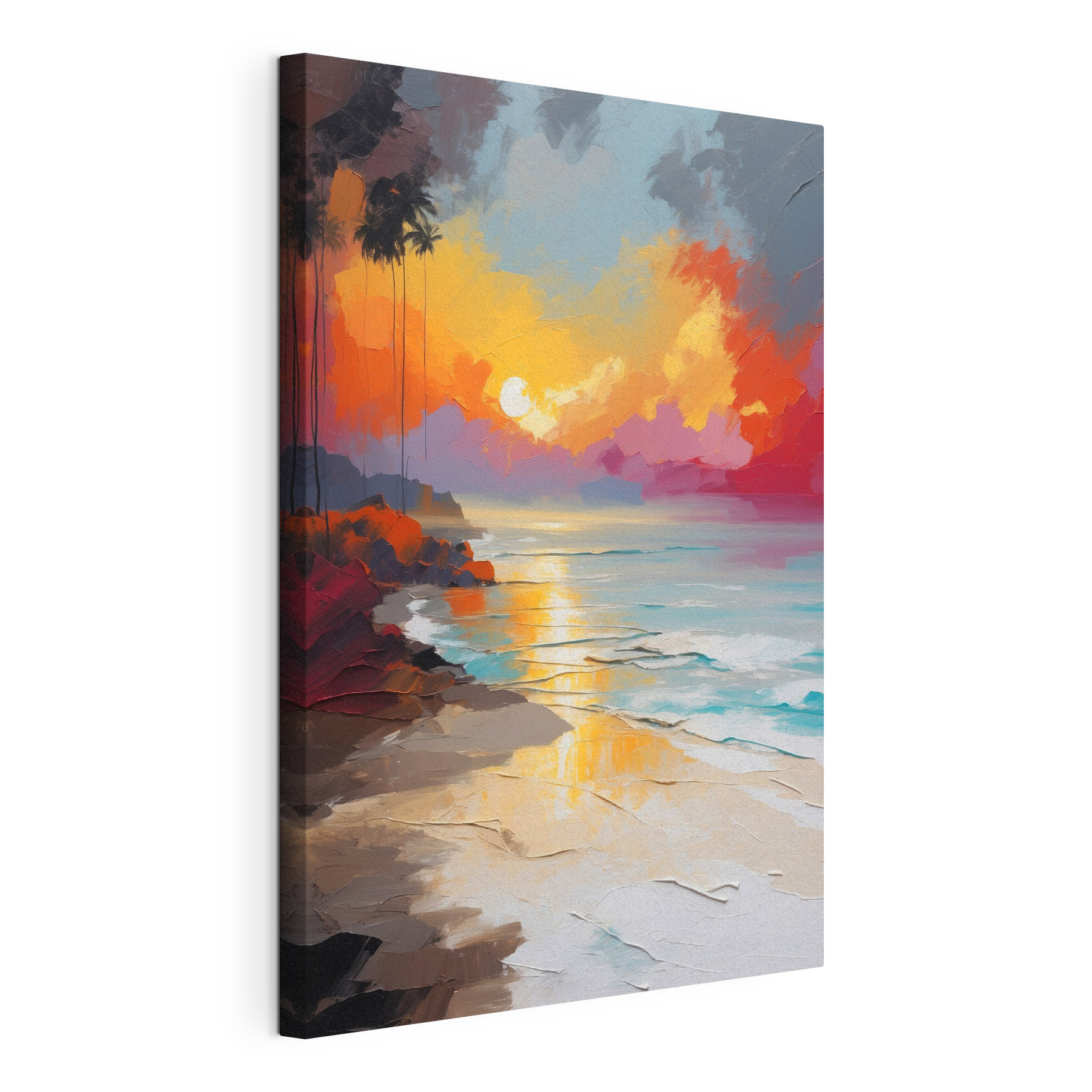A painting of a beach with palm trees and a sunset
