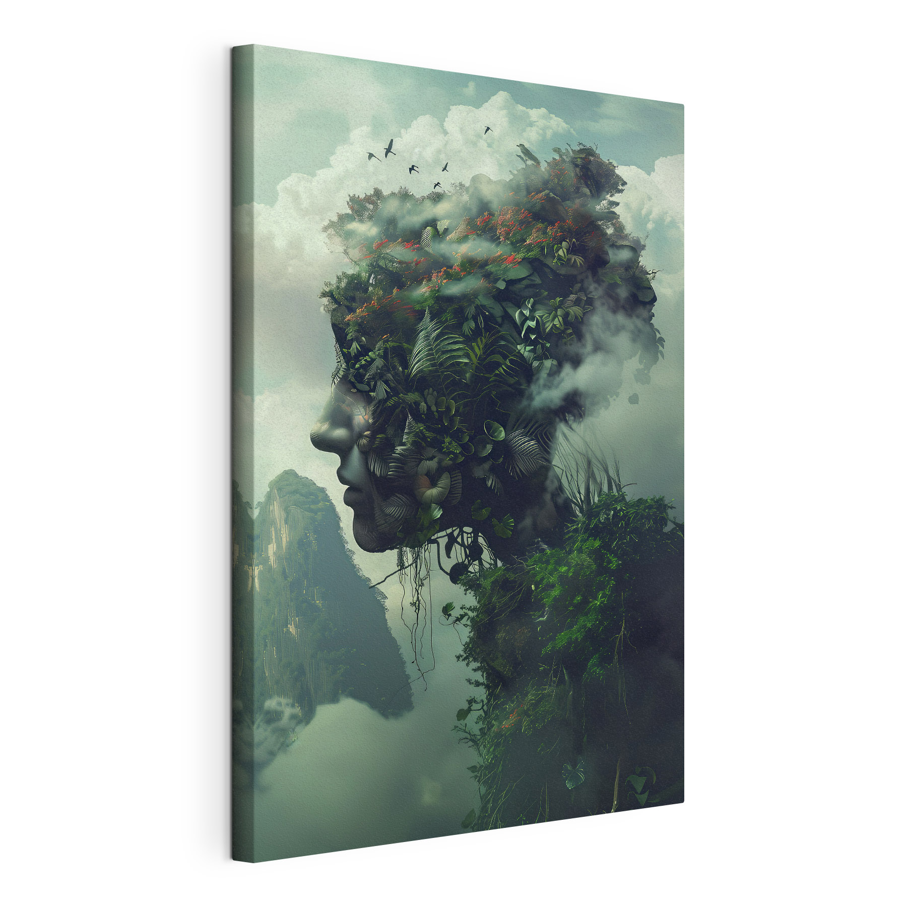 A face made of plants and clouds