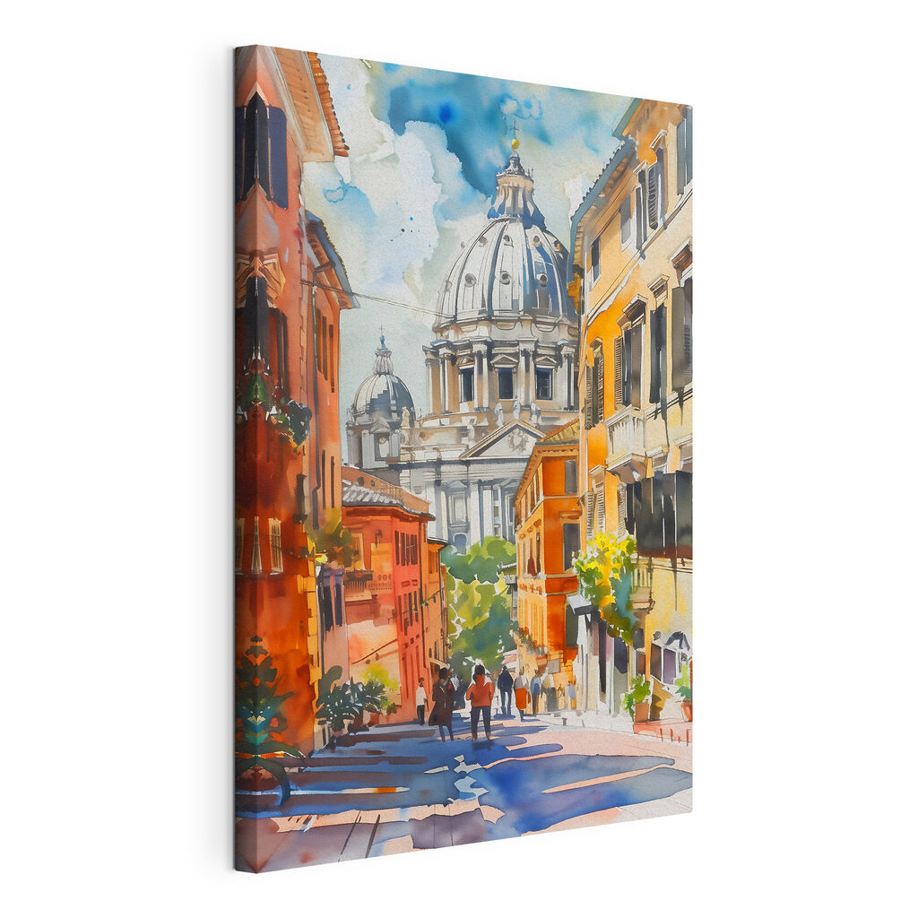 A watercolor painting of a street with buildings and a dome A watercolor painting of a street with buildings and a dome