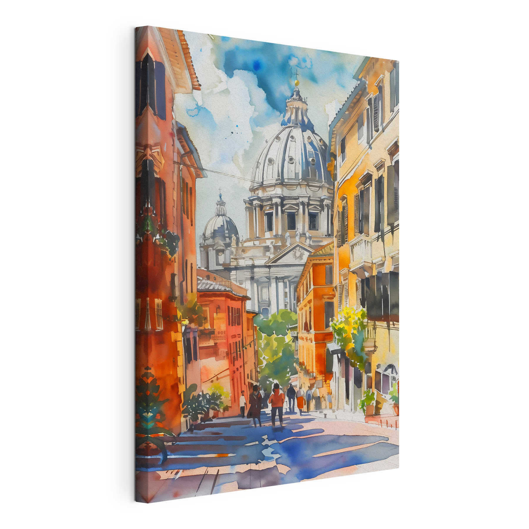 A watercolor painting of a street with buildings and a dome A watercolor painting of a street with buildings and a dome
