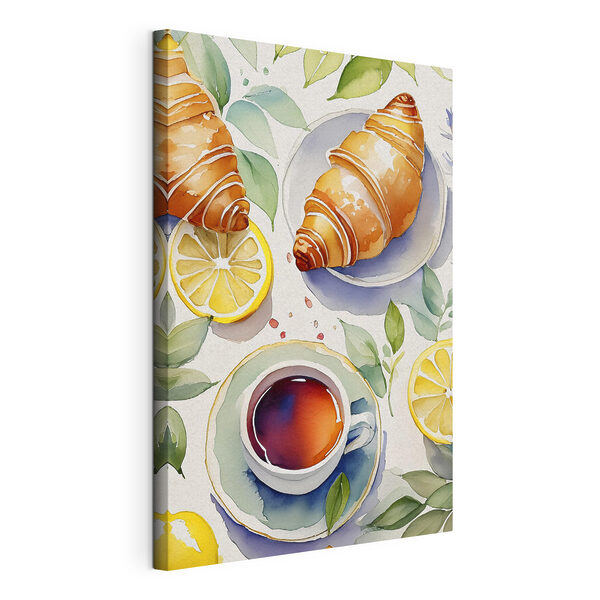 Vászonképek Akvarell egy croissant és egy csésze tea