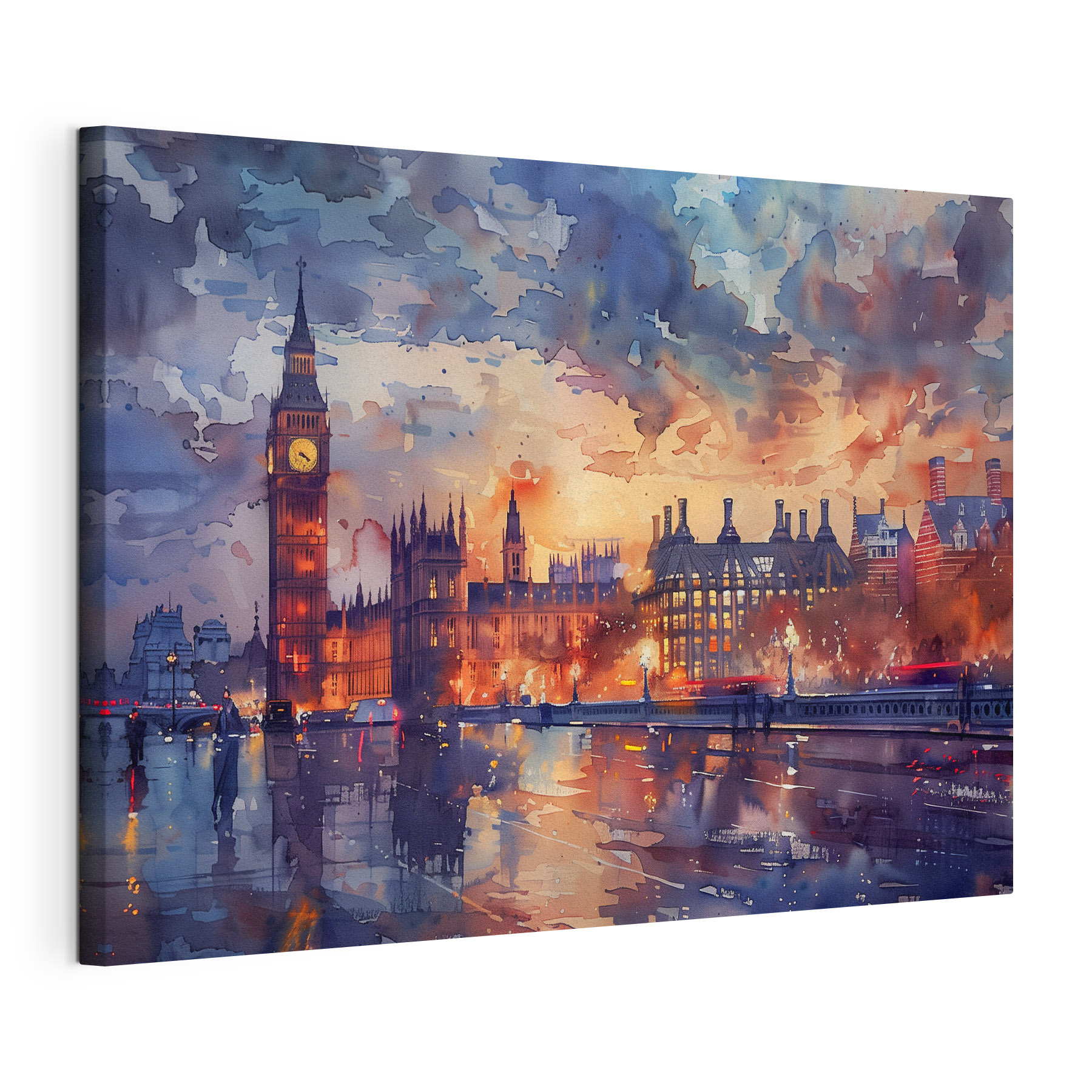 A watercolor painting of a city with a clock tower and a river