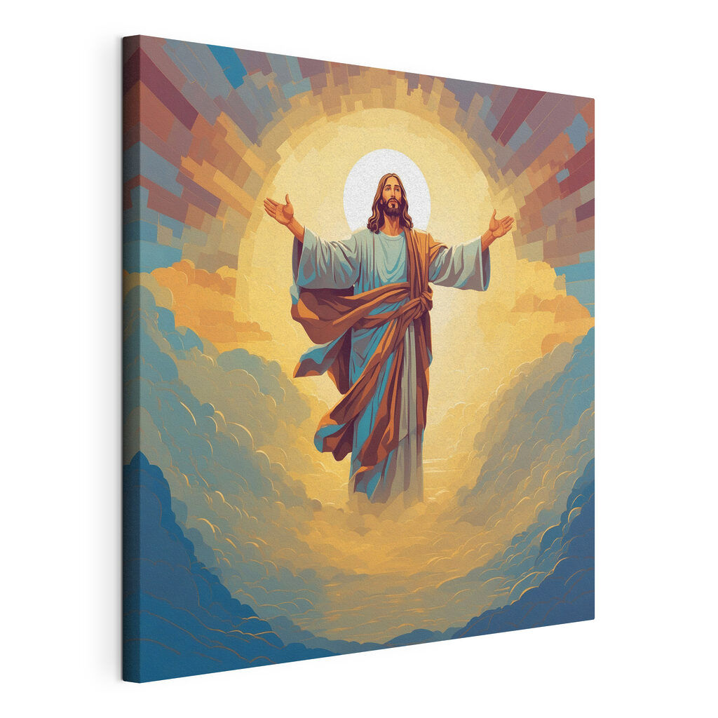 A painting of a man in a robe with his arms out in the air