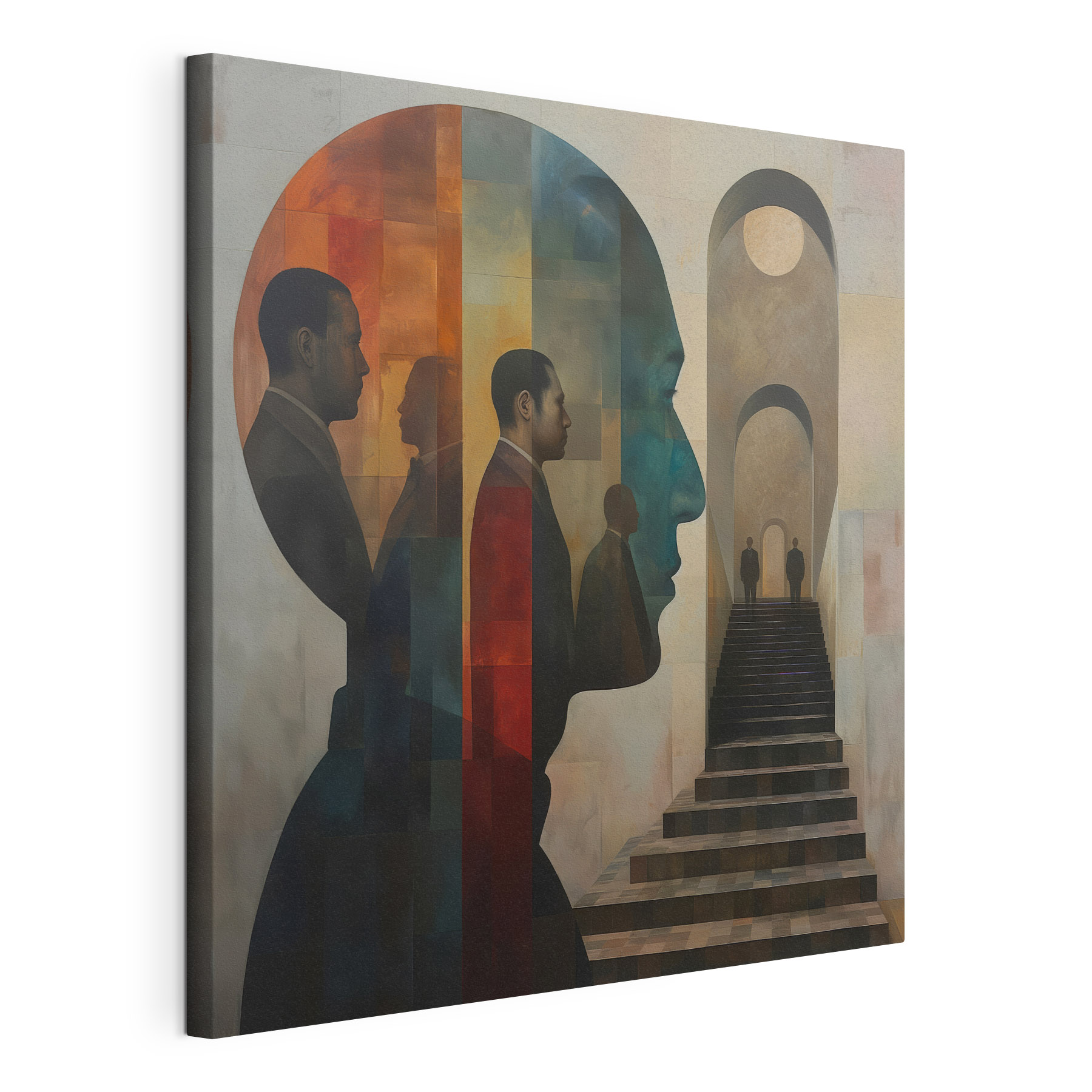 Painting of a man's face and a staircase