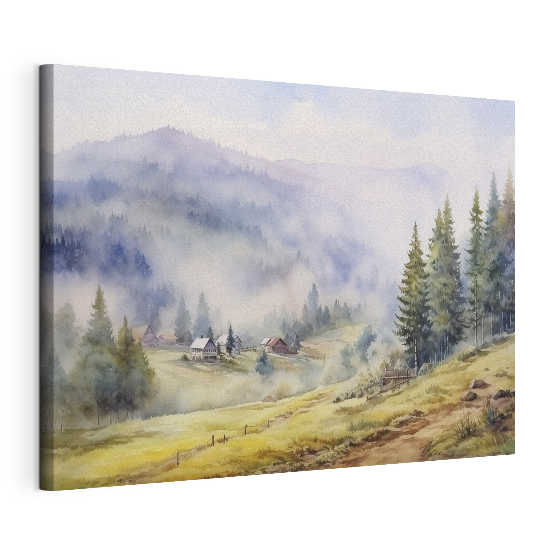 Watercolor painting of a village in the mountains