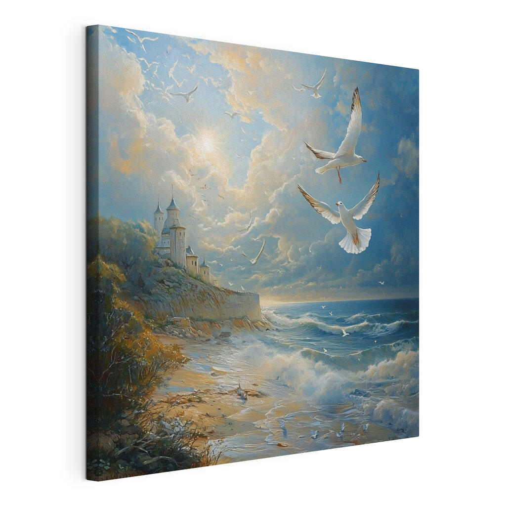 Painting of birds flying over a beach