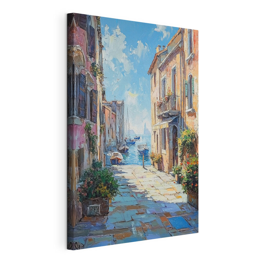 Painting of a street with boats and buildings Painting of a street with boats and buildings