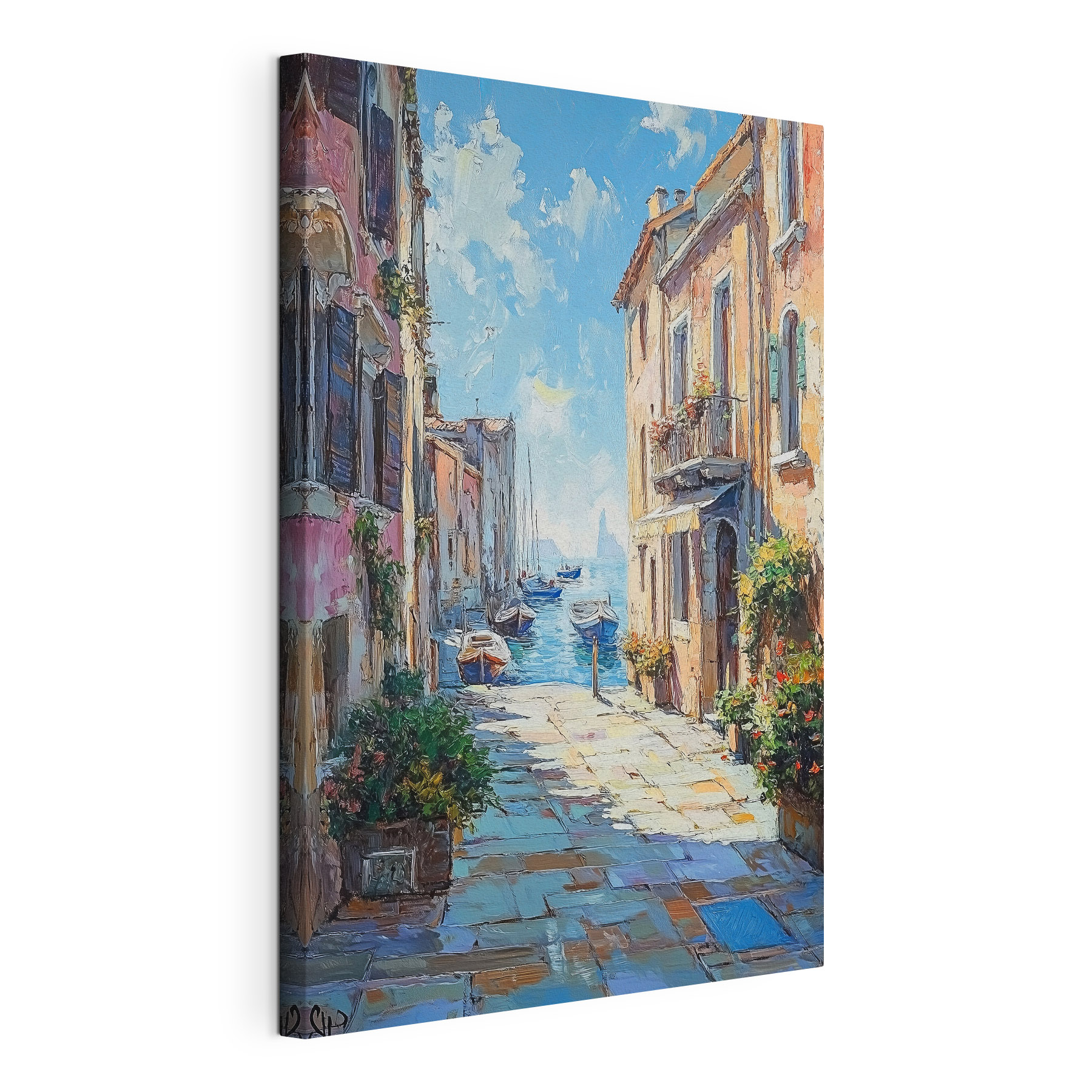 Painting of a street with boats and buildings Painting of a street with boats and buildings
