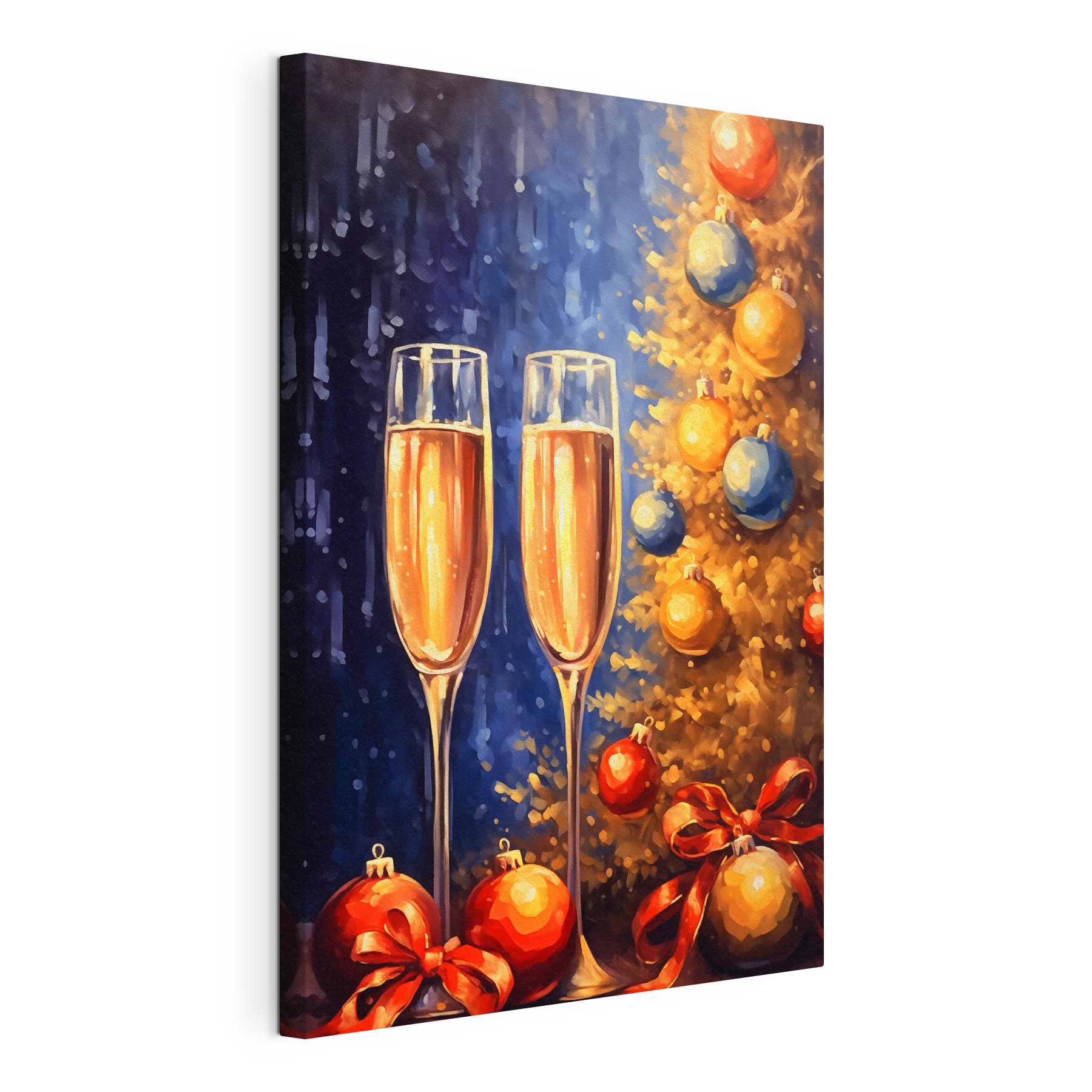 Painting of two champagne glasses next to a christmas tree