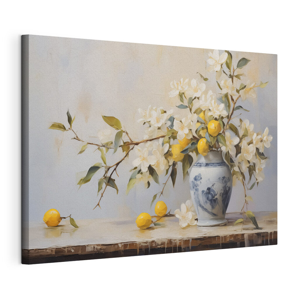 Painting of a vase with flowers and lemons