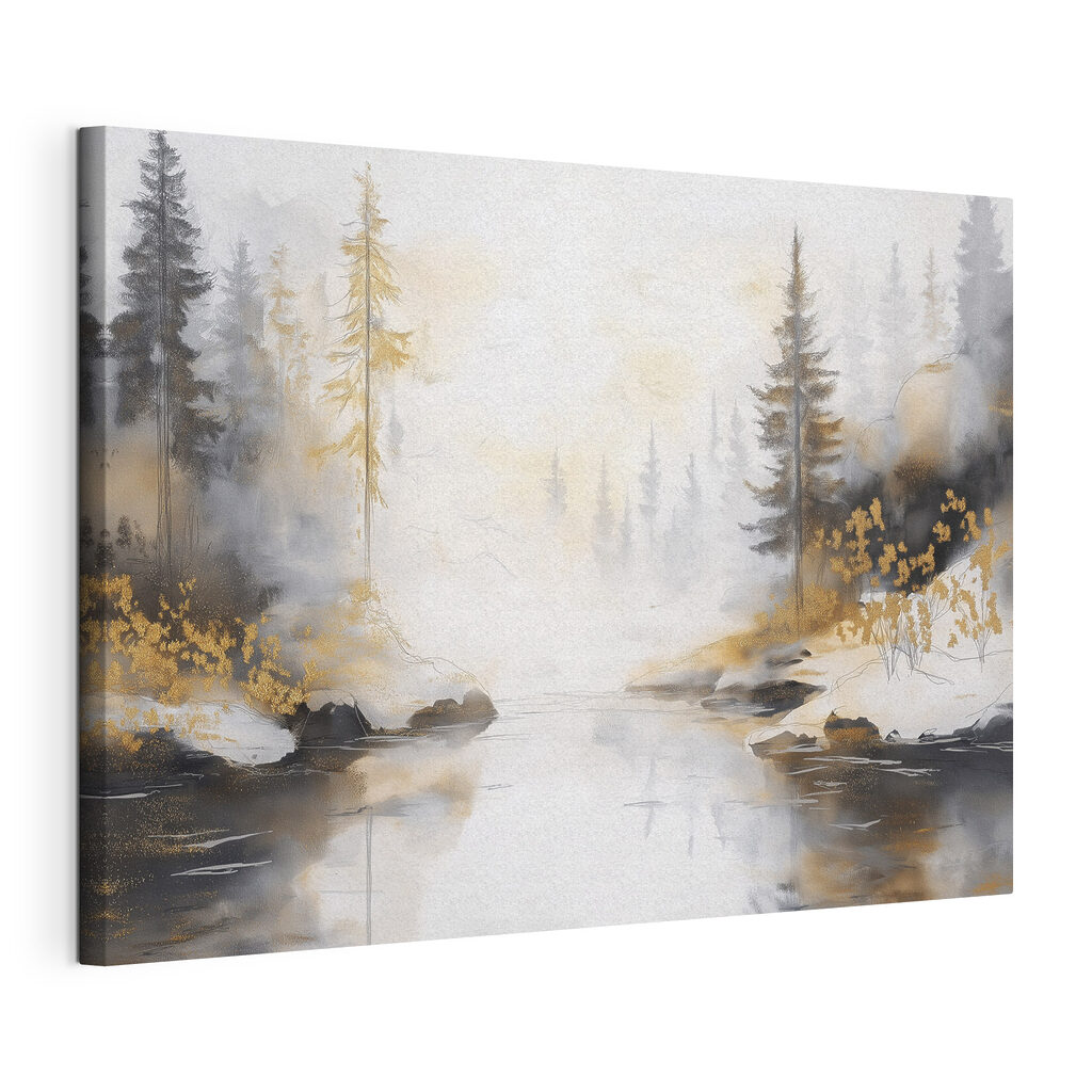Watercolor painting of a river with trees and fog Watercolor painting of a river with trees and fog