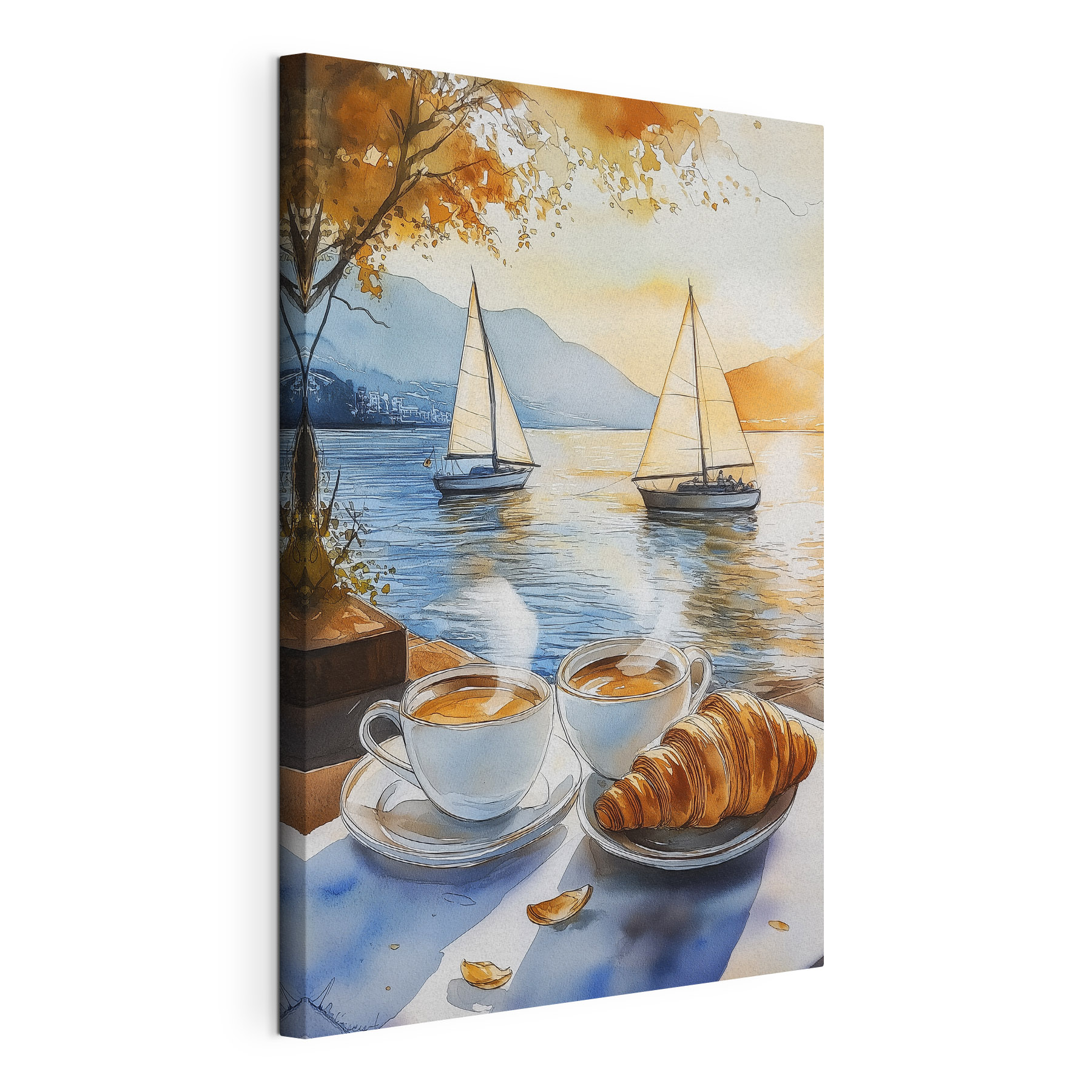 Watercolor of two cups of coffee and a croissant on a table