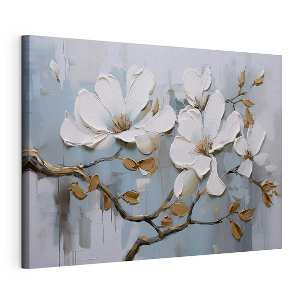 Painting of white flowers on a branch