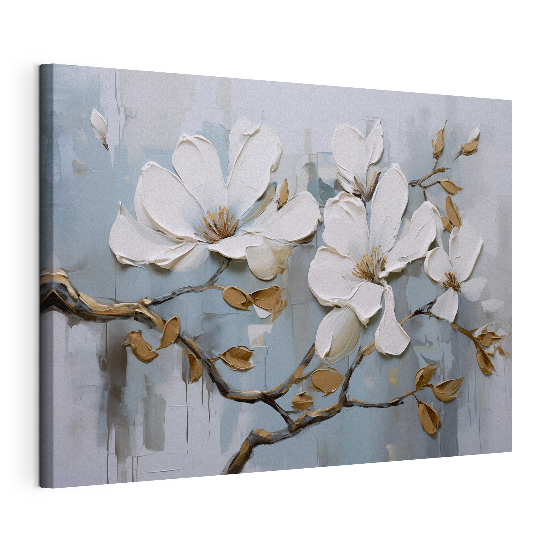 Painting of white flowers on a branch