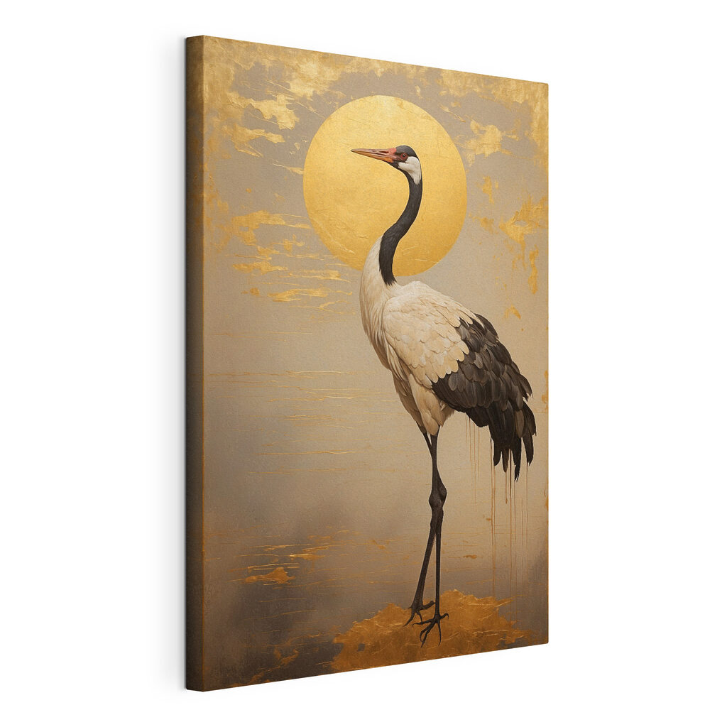 Elegant crane beneath a large sun Elegant crane beneath a large sun
