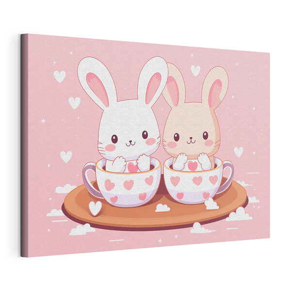 Two cartoon rabbits in tea cups