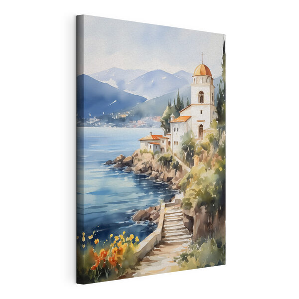 Akvarell festmény egy épületről egy sziklán egy víztest mellett Vászonképek Akvarell festmény egy épületről egy sziklán egy víztest mellett