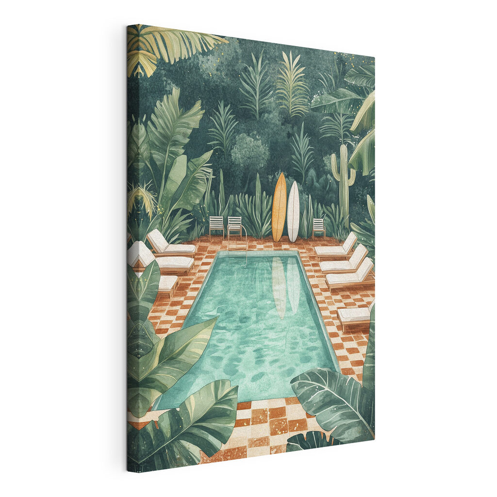 Pool with chairs and surfboards in the middle Pool with chairs and surfboards in the middle