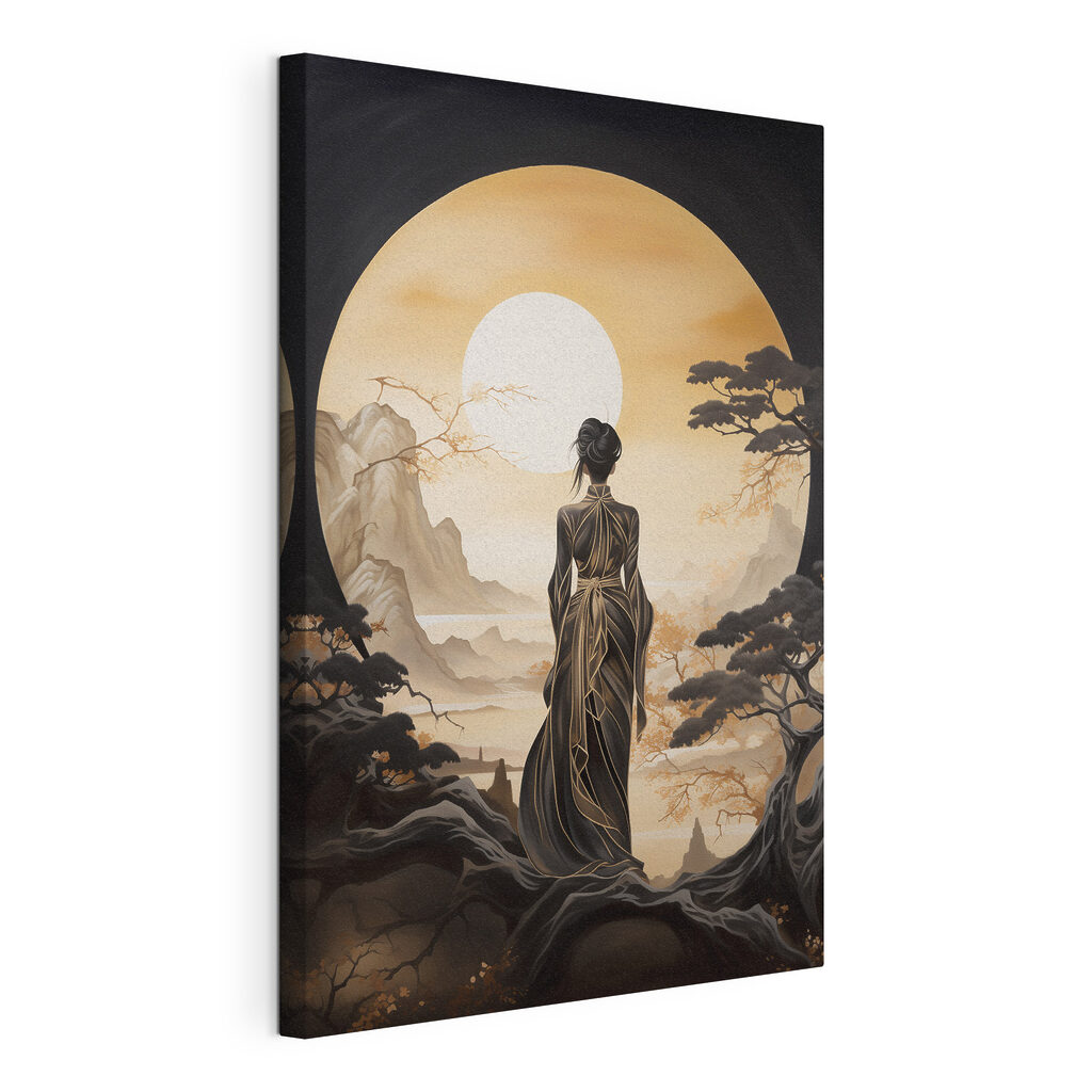 Woman in a long dress looking at the sun