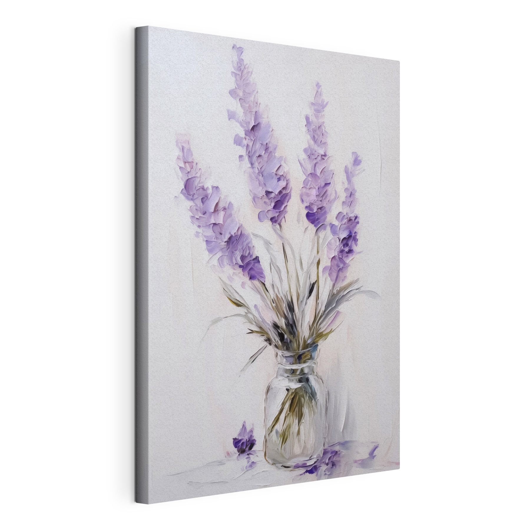 Painting of purple flowers in a glass vase Painting of purple flowers in a glass vase