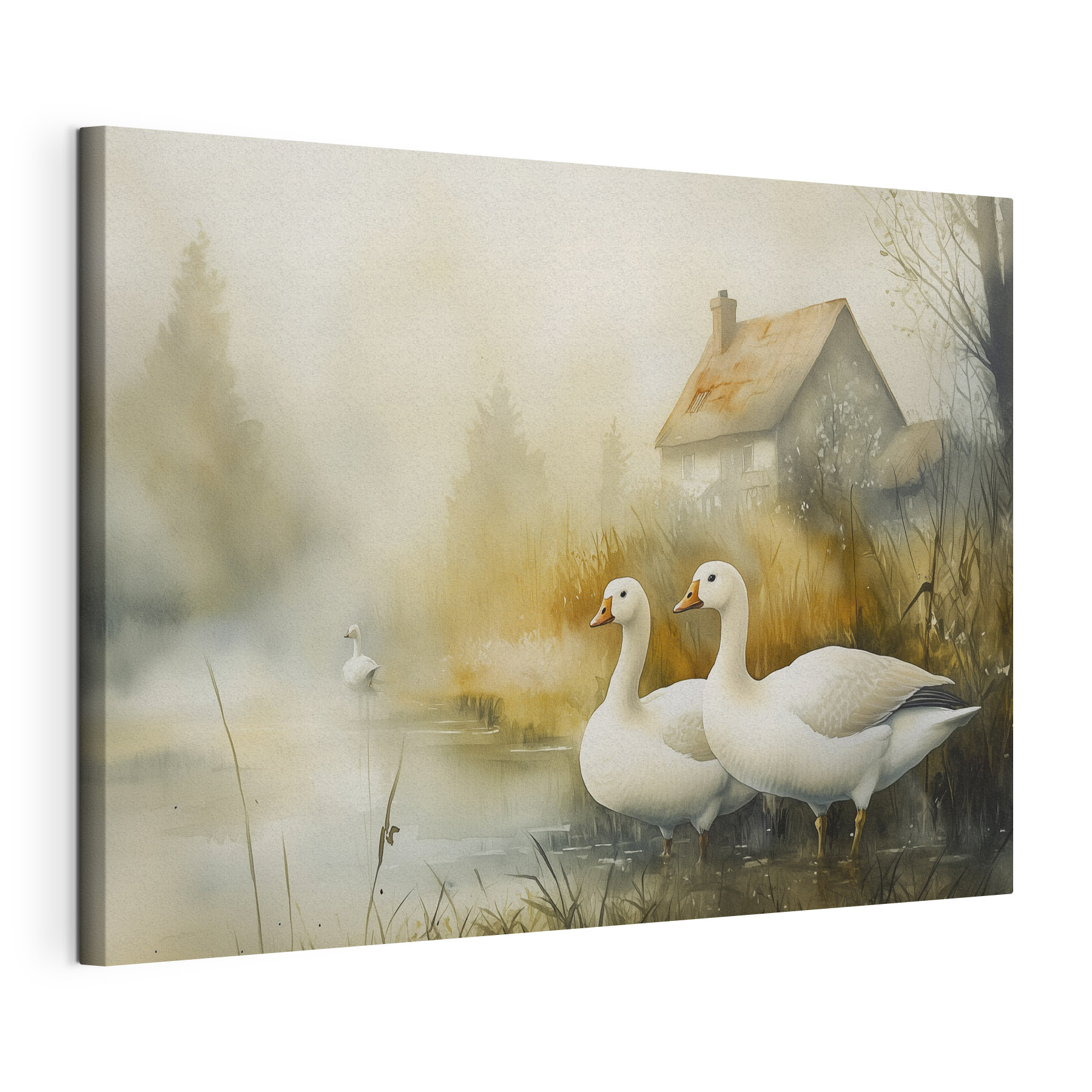 Watercolor painting of geese in a pond