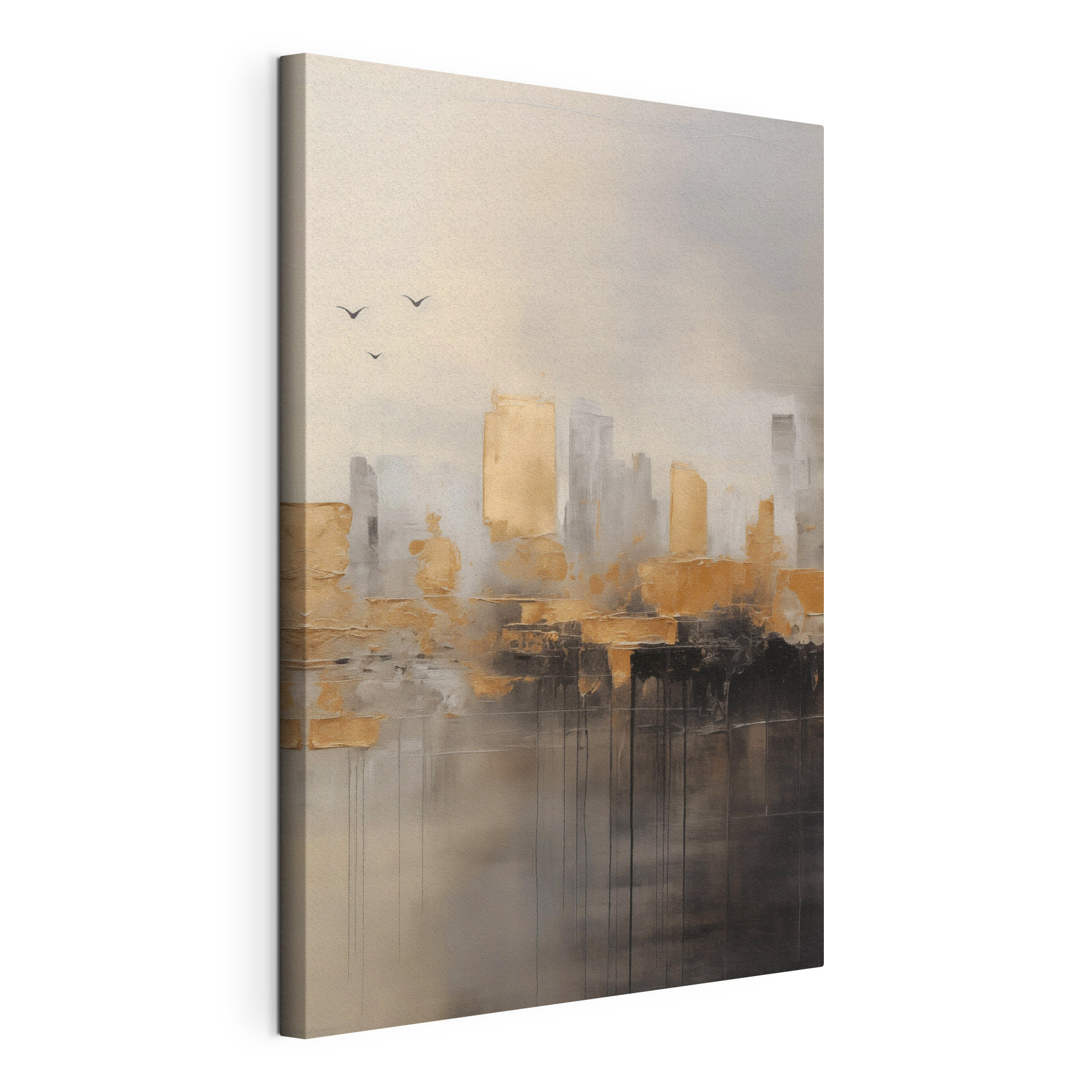 Painting of a city with birds flying in the sky Painting of a city with birds flying in the sky