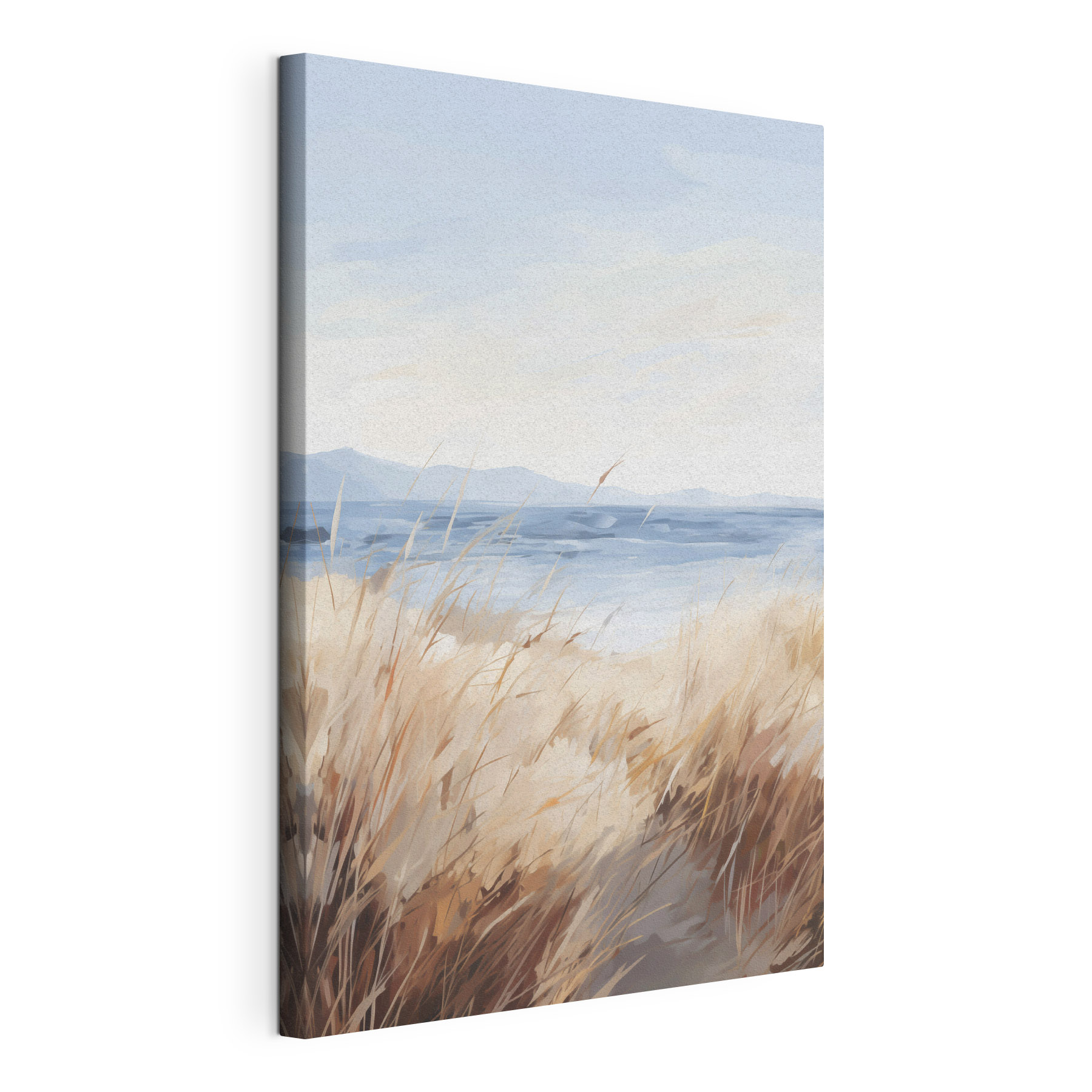 Watercolor painting of a field of grass and a body of water