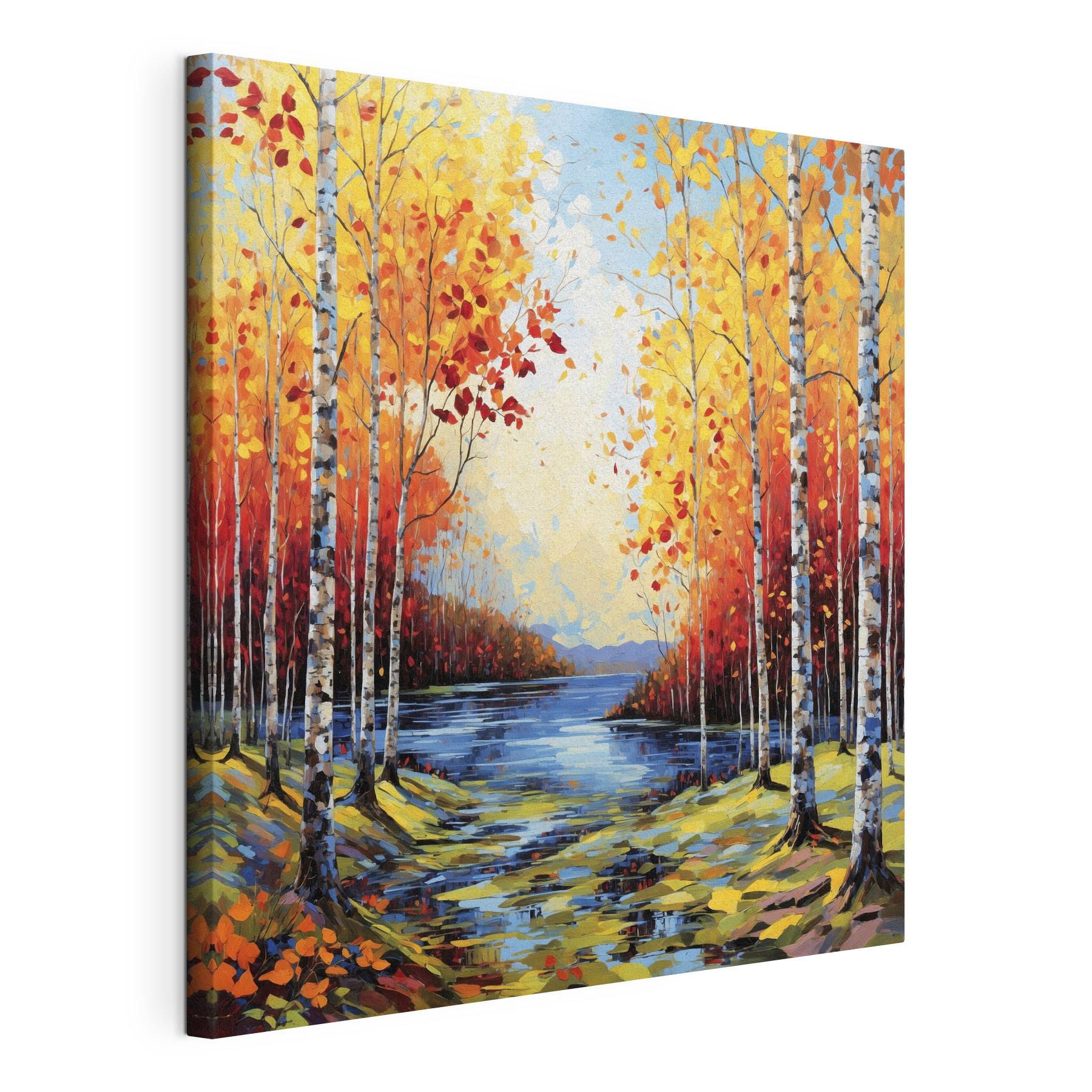Painting of a river with trees and leaves Painting of a river with trees and leaves
