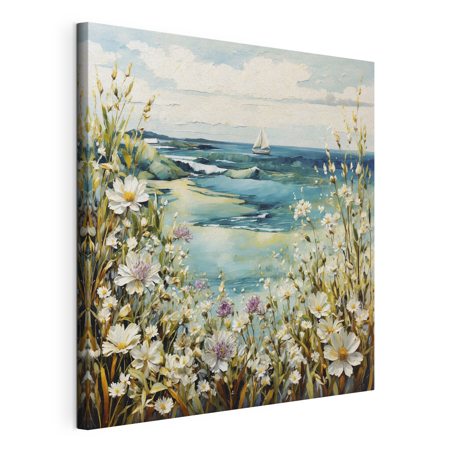 Painting of flowers and a body of water Painting of flowers and a body of water