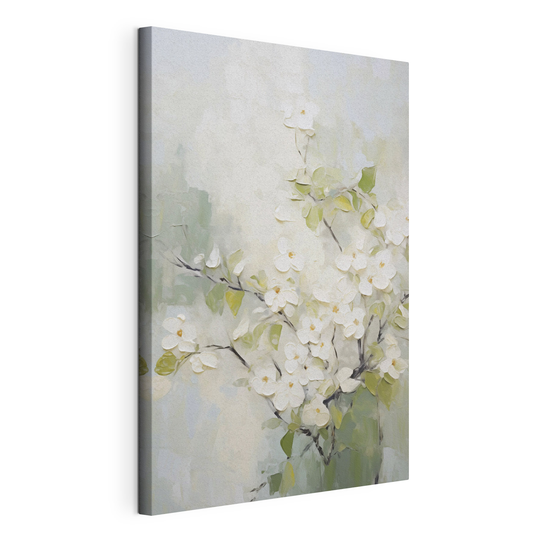 Painting of white flowers on a branch