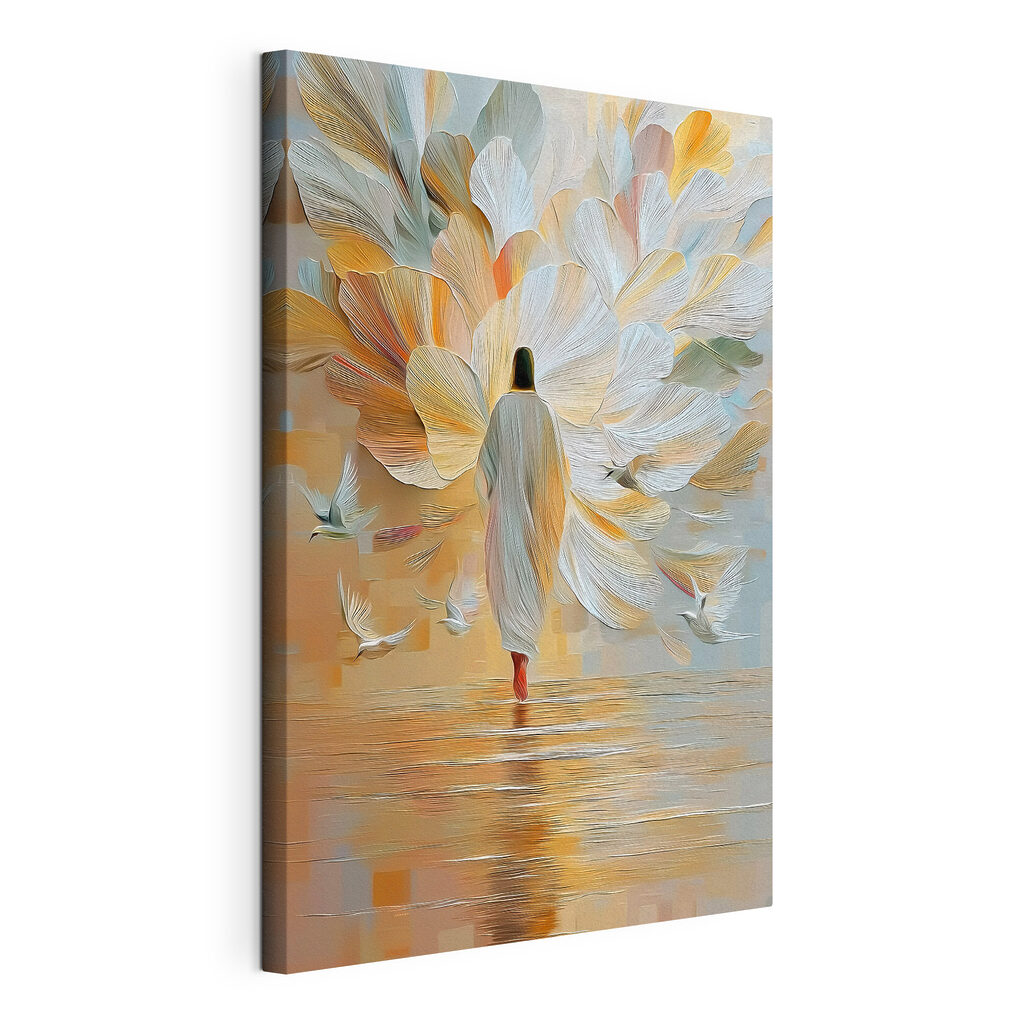 Person walking in the water with birds flying around Person walking in the water with birds flying around