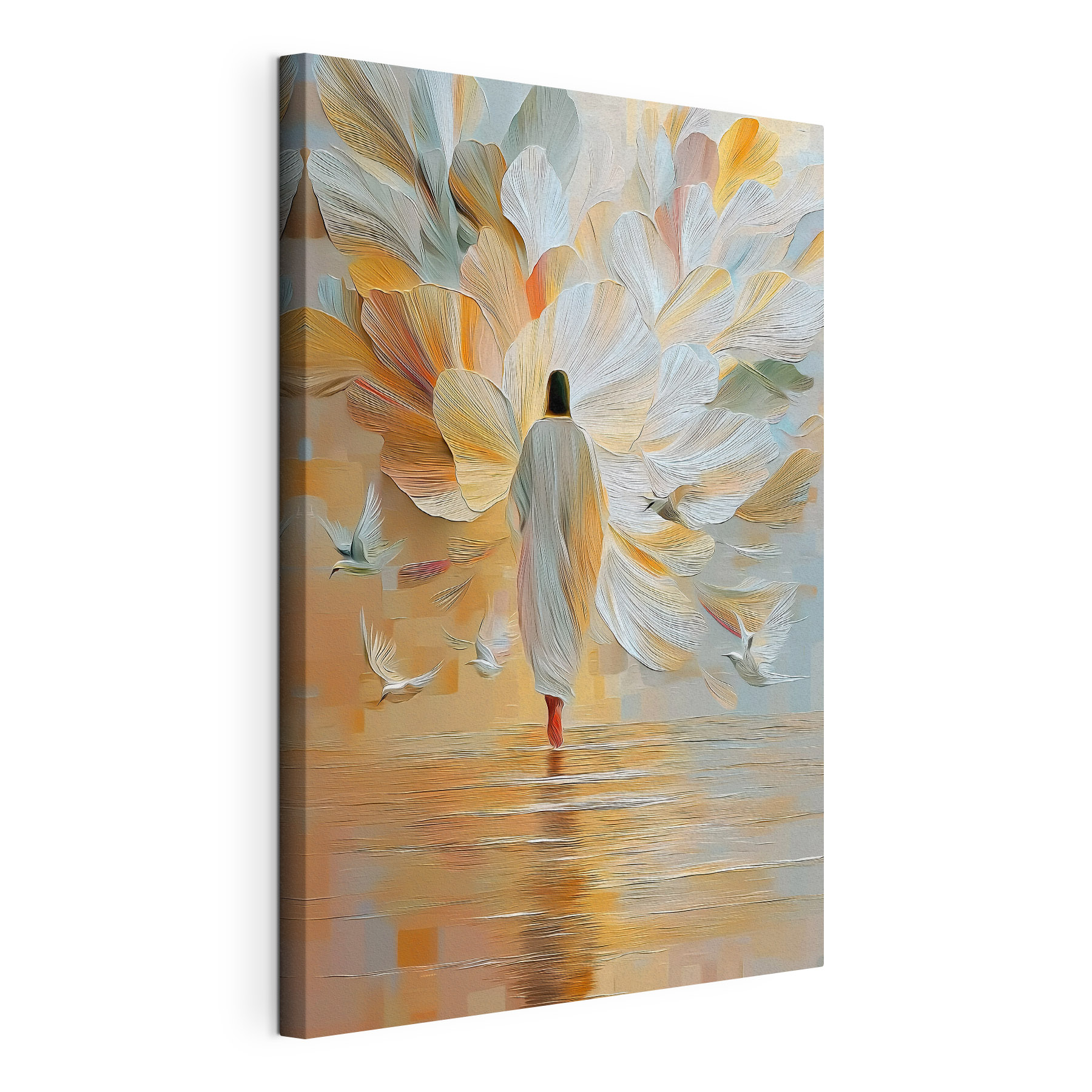 Person walking in the water with birds flying around Person walking in the water with birds flying around