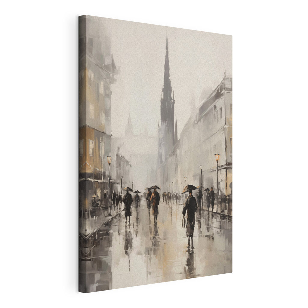 Painting of people walking on a street with umbrellas Painting of people walking on a street with umbrellas