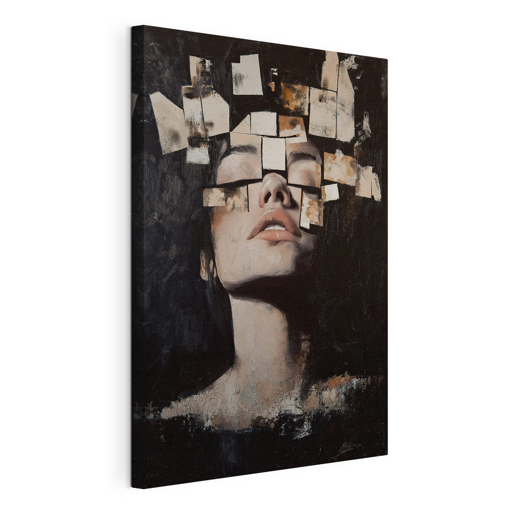 Woman with many square pieces of paper over her face Woman with many square pieces of paper over her face
