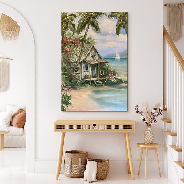 Painting of a house on a beach