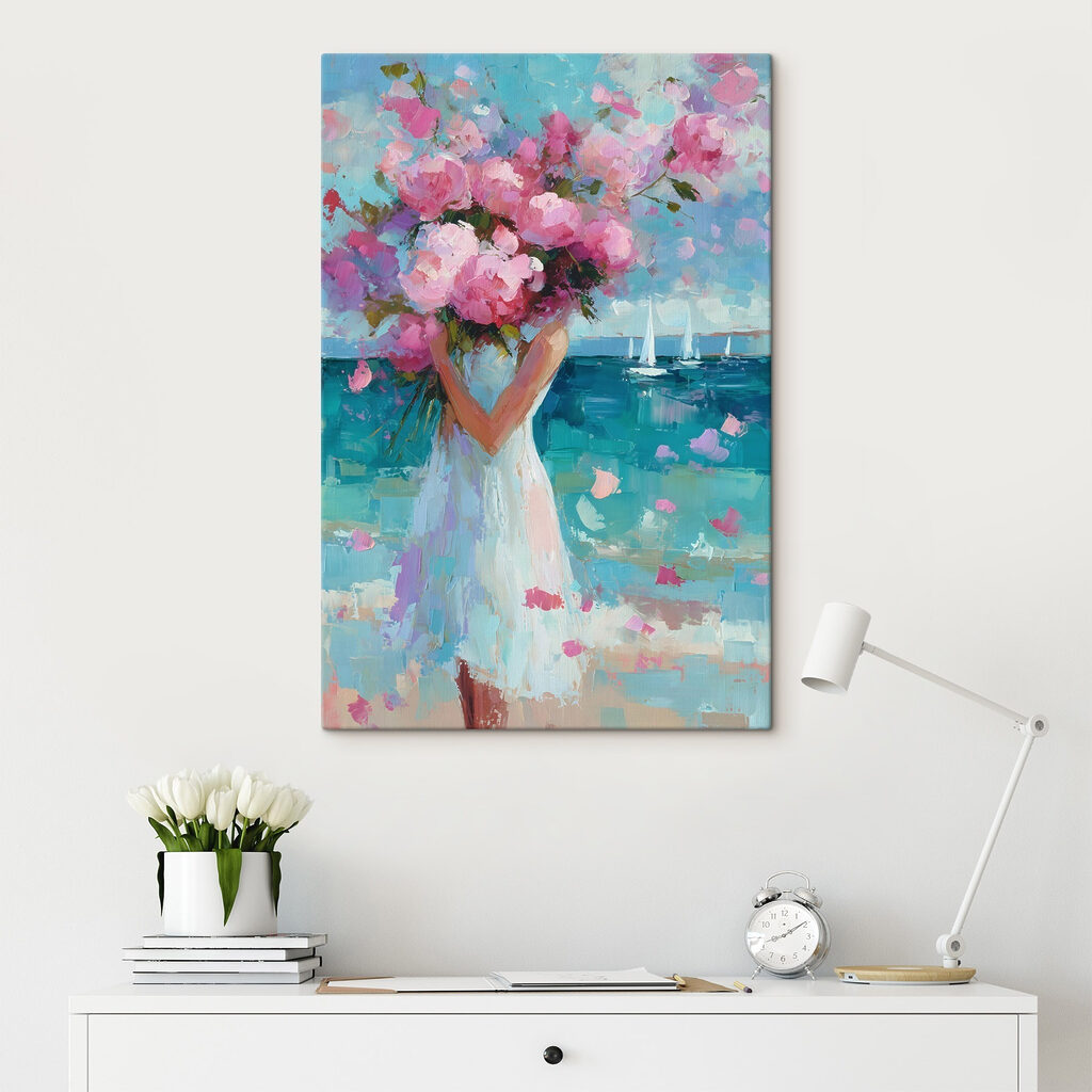 Painting of a woman holding a bouquet of flowers