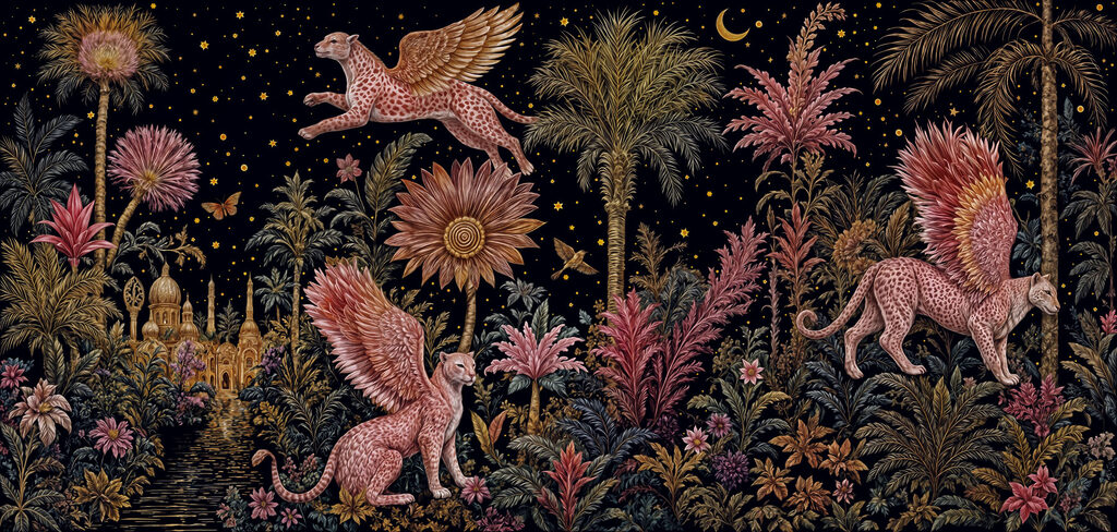 Painting of a cat and leopard with wings and flowers