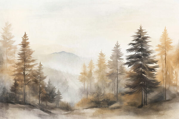 Painting of trees in a foggy forest
