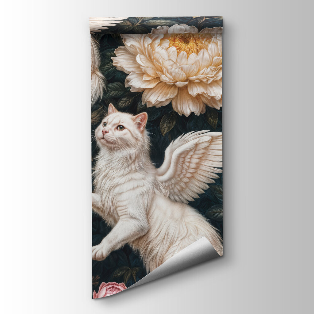 Group of white cats with wings and flowers