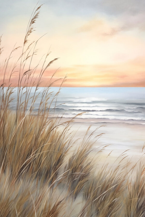 Painting of a beach with tall grass and water Painting of a beach with tall grass and water