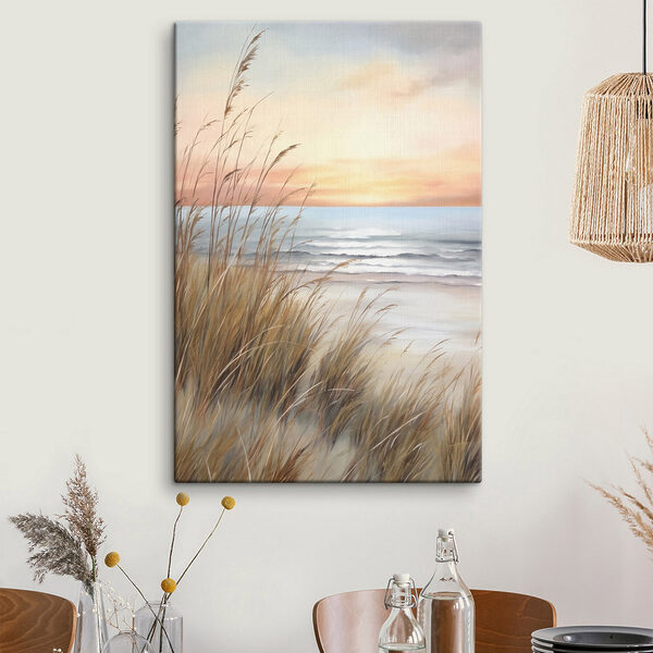 Painting of a beach with tall grass and water Painting of a beach with tall grass and water