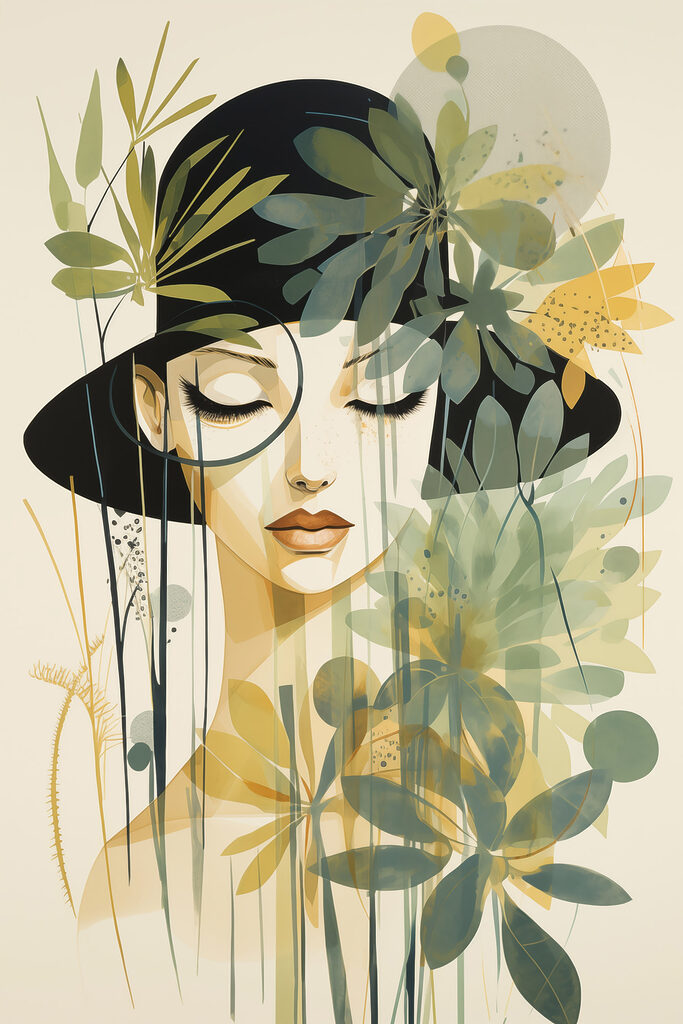 Woman with black hat and green leaves