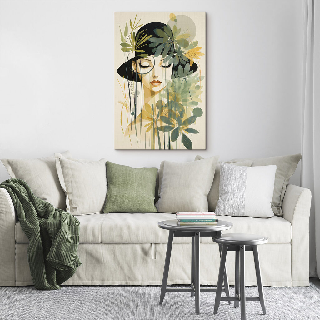 Woman with black hat and green leaves