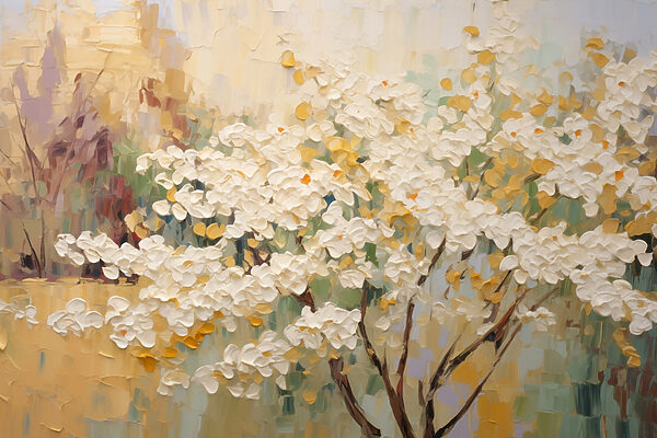 Painting of a tree with white flowers