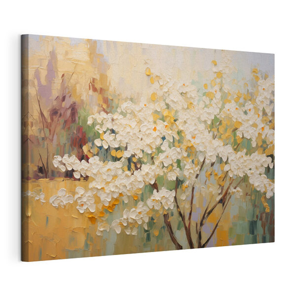 Painting of a tree with white flowers