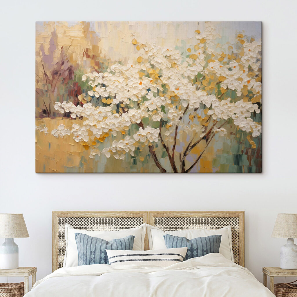 Painting of a tree with white flowers