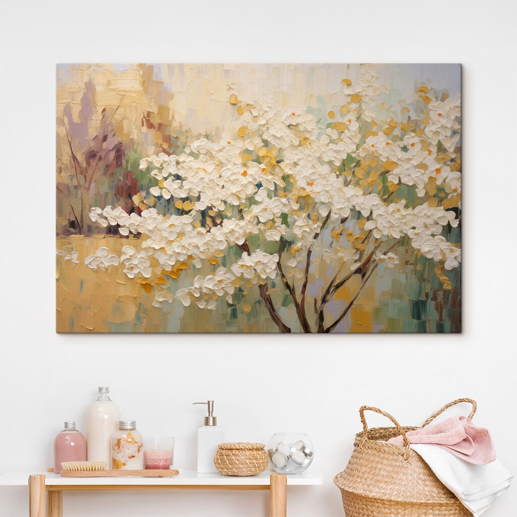 Painting of a tree with white flowers
