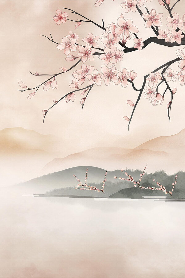 Painting of a tree branch with pink flowers